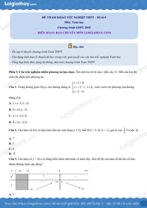 Đề tham khảo thi THPT môn Toán - Đề số 8 (hay, chi tiết)